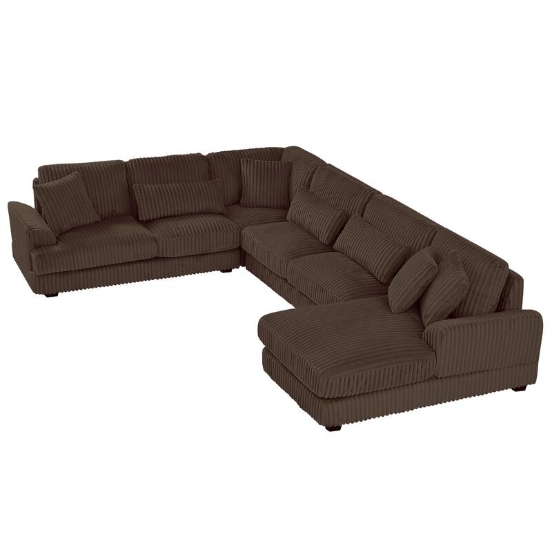 U-Shaped Sectional Sofa with Chaise Lounge, Oversized Corduroy Upholstered Sofa, 5 Seater Sofa with Removable Throw Pillows