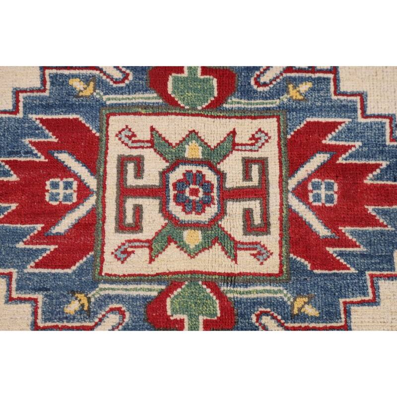 Ivory Kazak Oriental Area Rug Hand-Knotted Geometric Wool Carpet - 5'1" x 6'7"