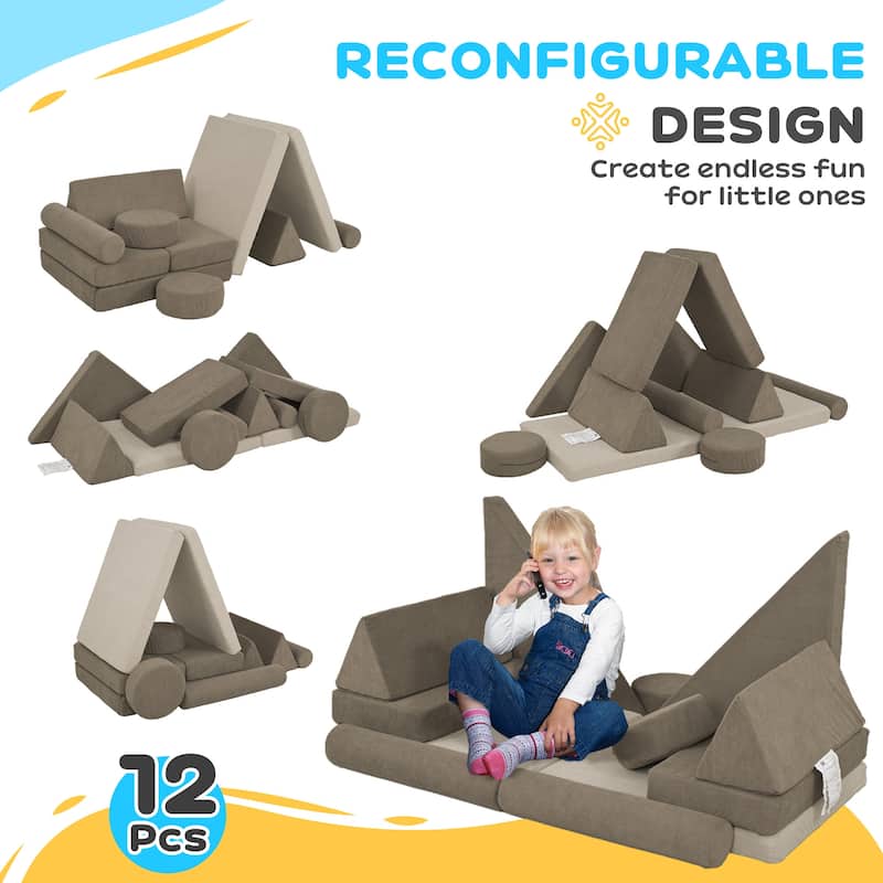 12-Piece Toddler Soft Play Set Over 18 Months Stackable Foam Blocks Velvet Foam Creative Imaginative Play Khaki