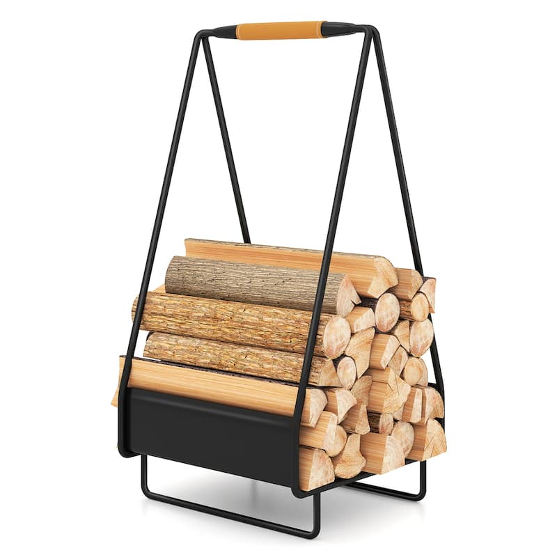 Gymax Firewood Storage Rack w/Handle Square Rack for Pit Stove - Black