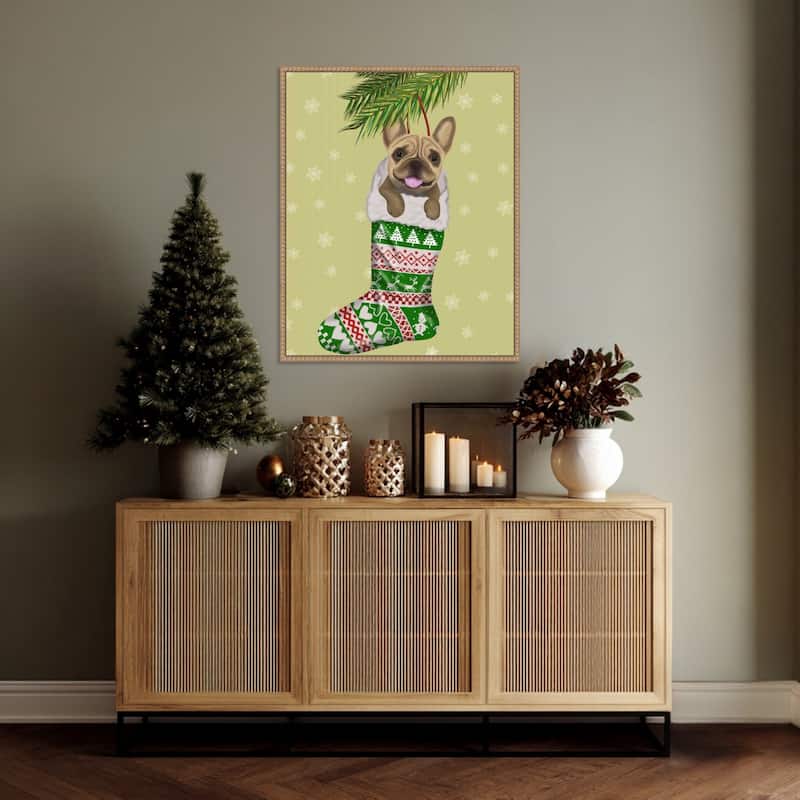 French Bulldog in Christmas Stocking by Fab Funky (23 x 28 in.), Framed Canvas Wall Art Print - Sylvie Beaded Rustic Natural