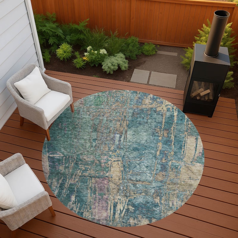 Machine Washable Indoor/ Outdoor Abstract Modern Chantille Rug - Teal - 8' x 8'