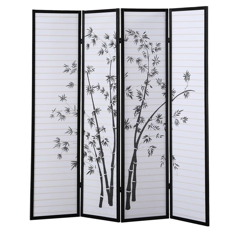 Bamboo Print 4-Panel Framed Room Screen/Divider, Black/White - Black