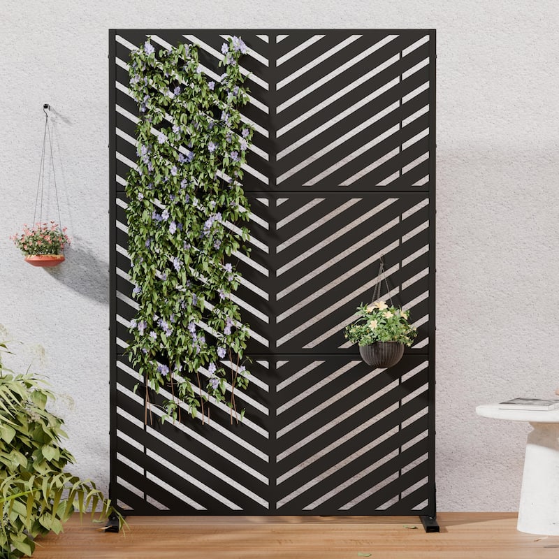 Outdoor Privacy Screen 2-Panel Chevron Metal Privacy Fence with Wind-Resistant Base Durable Decorative Divider