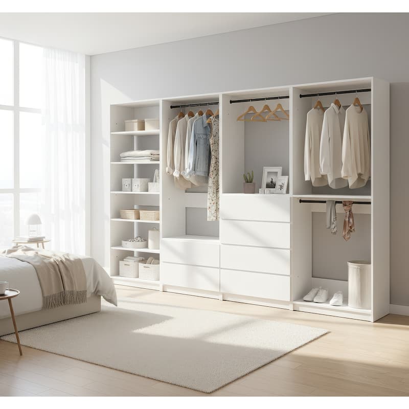 Prosper White Freestanding Walk in Wood Closet System - 125.6"W x 15.7"D x 83" H