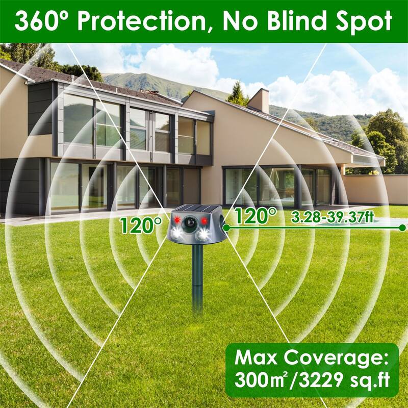 Ultrasonic Solar Animal Repeller with 6 Modes Motion Sensor Vibration Stake