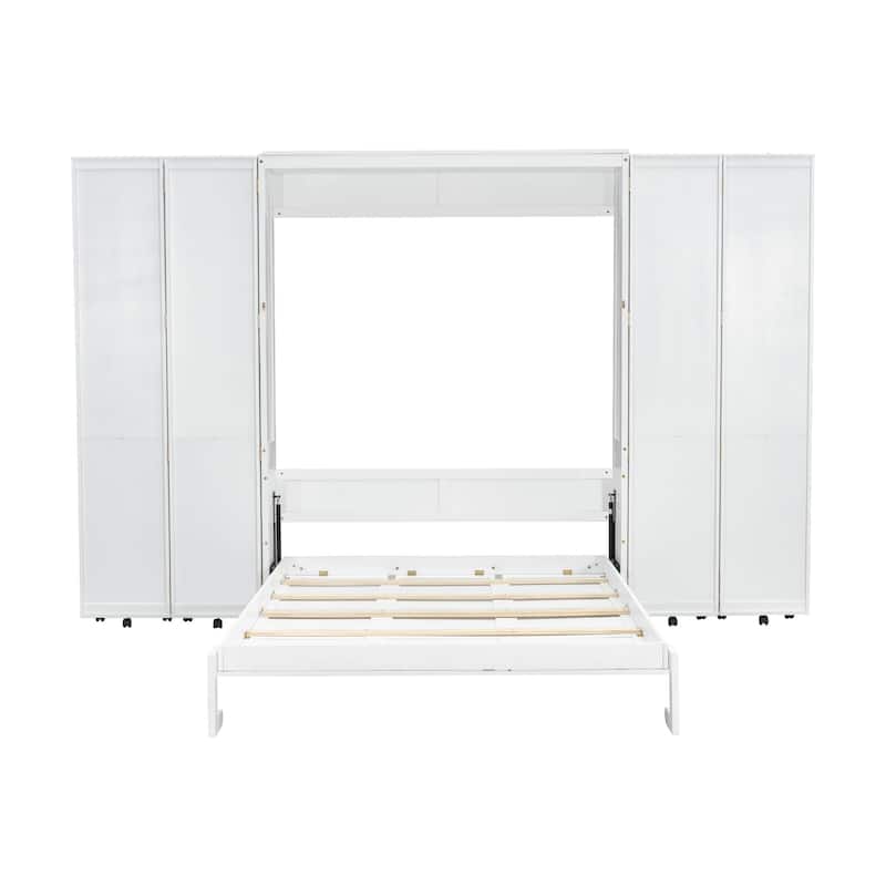 Queen Murphy Bed with Storage Bookcase, Space Saving Queen Foldable Wood Wall Bedframe for Guest Room, Home Office, Bedroom