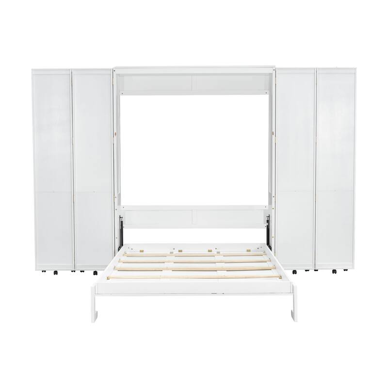 White Queen Murphy Bed with Storage Doors, Space-Saving Wall Bed