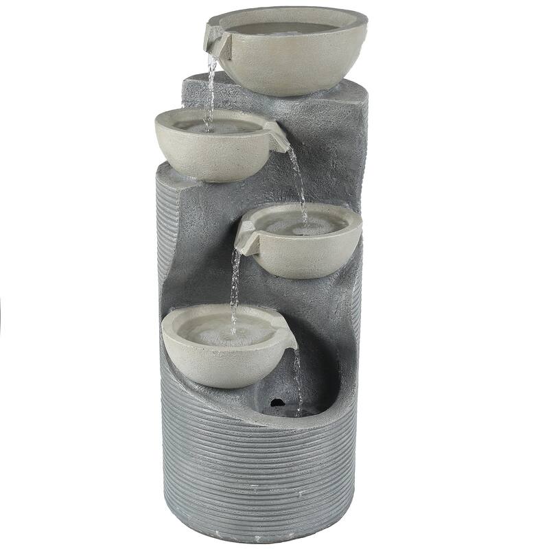 Modern Gray CementTiered Bowls Outdoor Fountain with Lights
