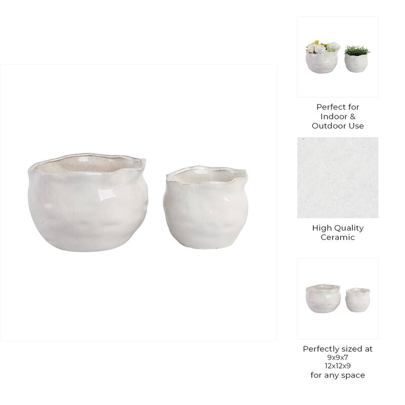 Stoneware Ceramic Round Wavy Edge Planters Decorative Pot (Set of 2) - 12" x 12" x 9"