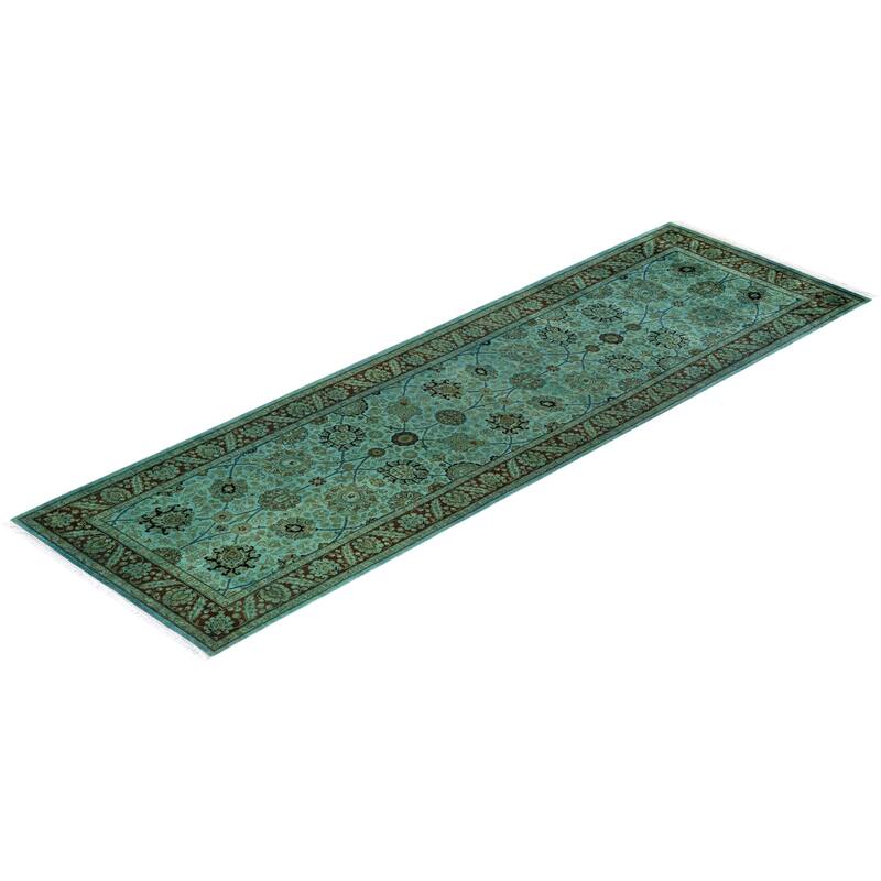 Overton Hand Knotted Wool Vintage Inspired Modern Contemporary Overdyed Blue Runner Rug - 3' 1" x 10' 1"