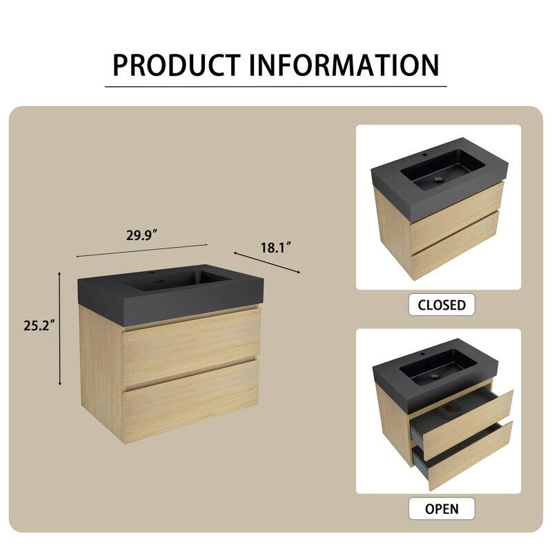 24 in. W x 18 in. D x 25 in. H Single Sink Wall Mounted Bath Vanity for Modern Bathroom Black Sink Basin