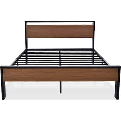 Queen Metal Platform Bed with Walnut Finish Wood Panel Headboard Footboard