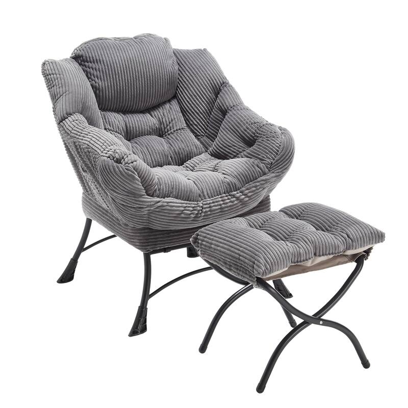 Cotton Lazy Chair with Ottoman, Modern Lounge Accent Chair with Armrests, Side Pocket, and Sturdy Steel Frame
