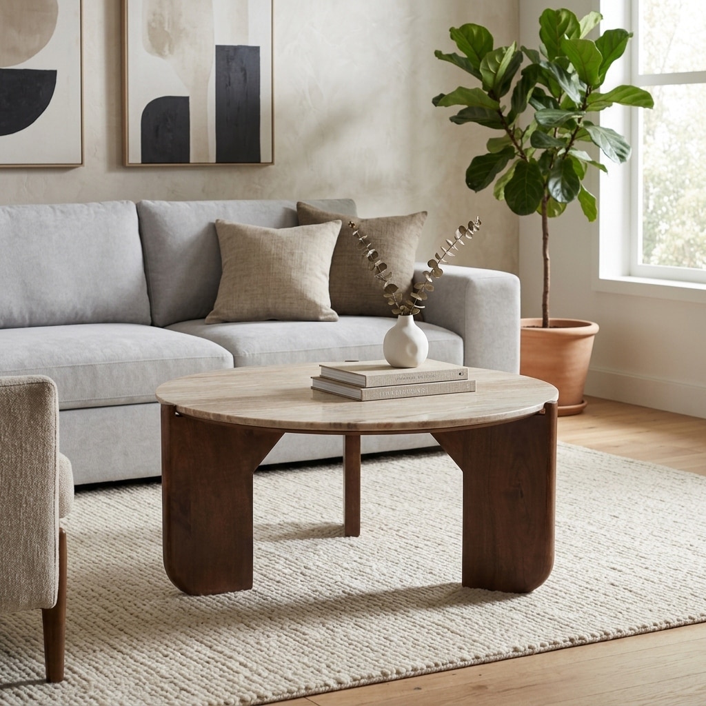 Round Marble and Mango Wood Coffee Table - 36", Tan & Brown - 36.0"