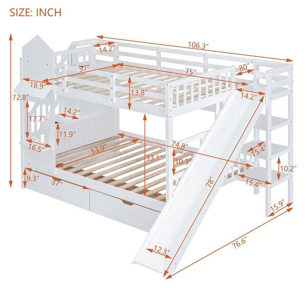 Full-Over-Full Castle Style Bunk Bed with 2 Drawers 3 Shelves and Slide - White