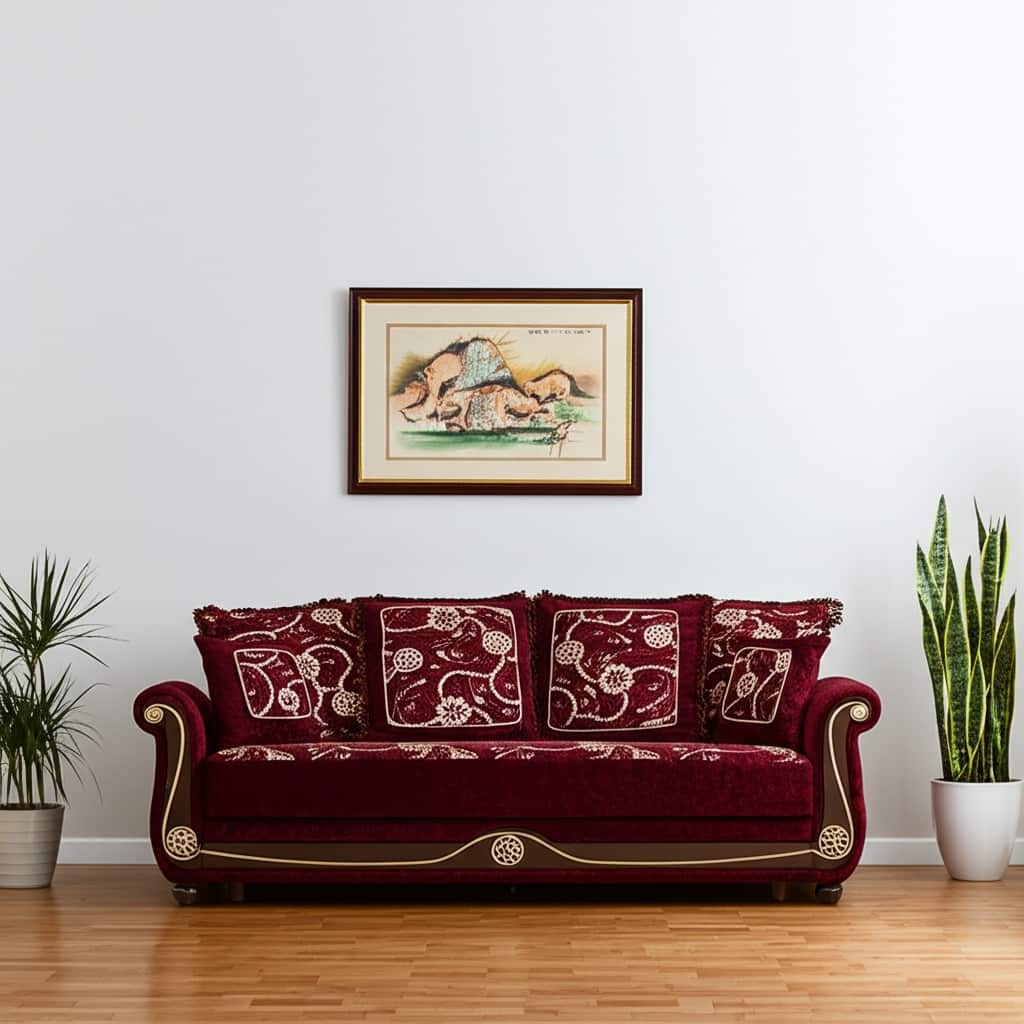HomeRoots 95" Burgundy Chenille Convertible Futon Sleeper Sofa And Toss Pillows With Storage