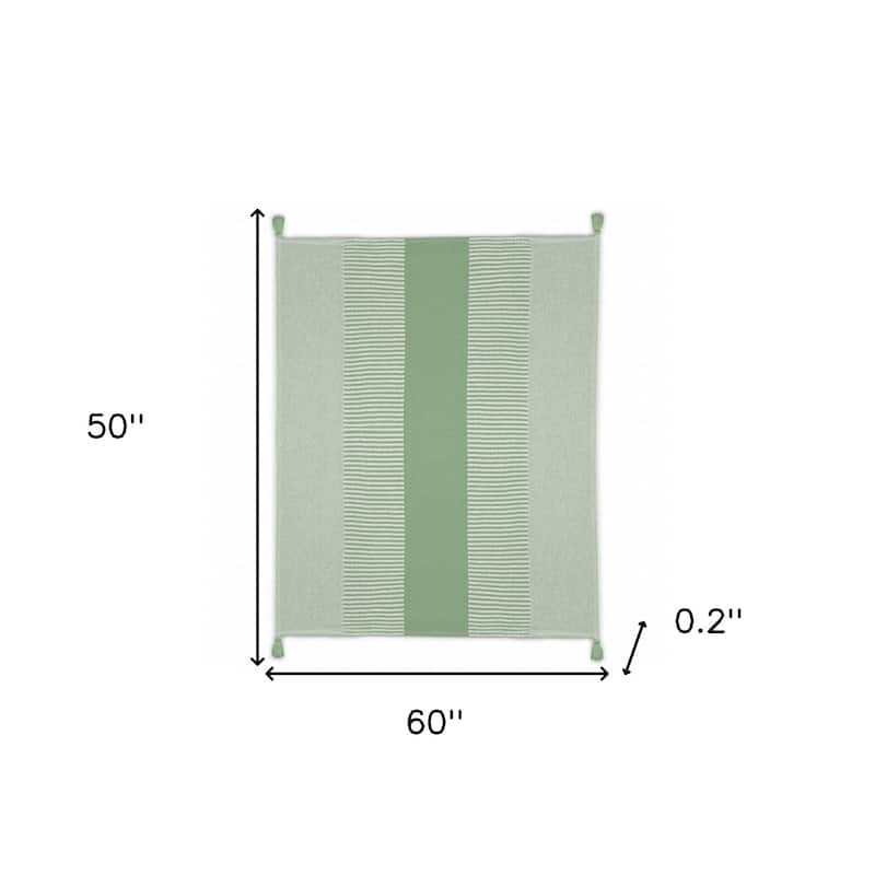 60" X 50" Green Woven Cotton Striped Throw Blanket with Tassels