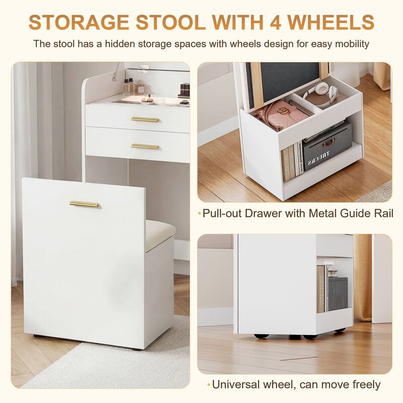 Flip-top Vanity Table,Mini Vanity,Mirror-integrated Dressing Table,All-in-one Storage Cabinet,Makeup Vanity Set with Stool