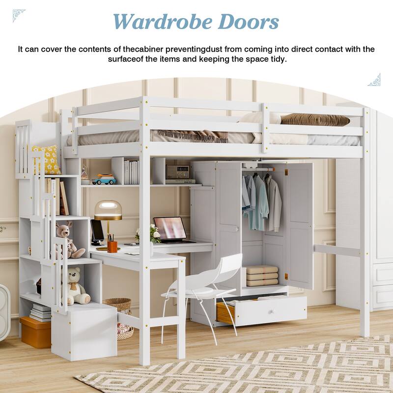 Roomfitters Full Size Loft Bed with Desk, Bookshelves and Wardrobe, Storage Staircase, Safety Guardrails, White