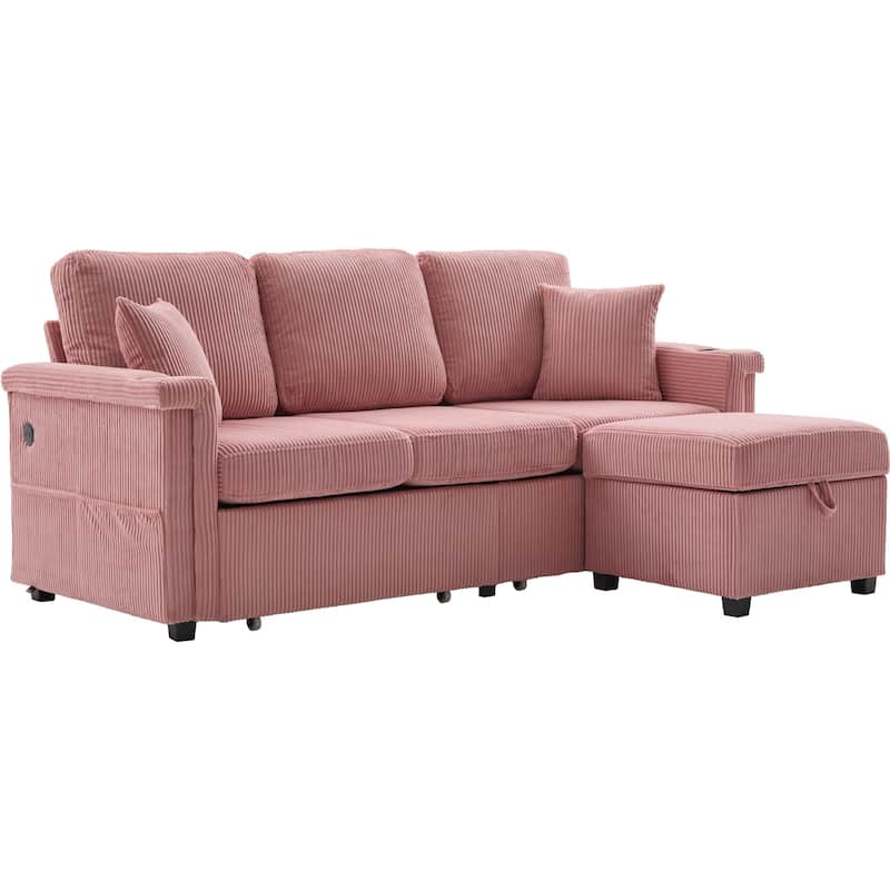 L-Shaped Sectional Sofa with Pull-Out Storage,Ottoman & Pillows 3-Seat with USB Charging,Cup Holder, Convertible Design