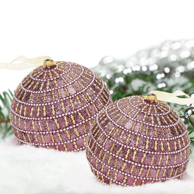 Sevita Pink Glistening Candy Stripe Handcrafted Globe Ornament, Set of 4 - 8" x 4.5" x 4.5"