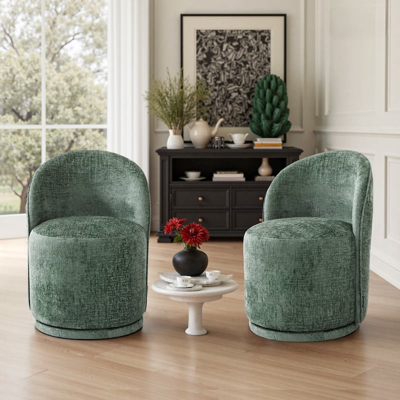 Modern Armless 360-Degree Swivel Dining Chair Barrel Chair - SET OF 2 - GREEN CHENILLE