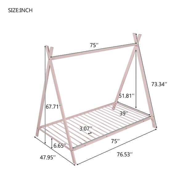 dimension image slide 2 of 3, Metal House Bed Tent Bed Frame Twin Size Play Floor Bed with Slat