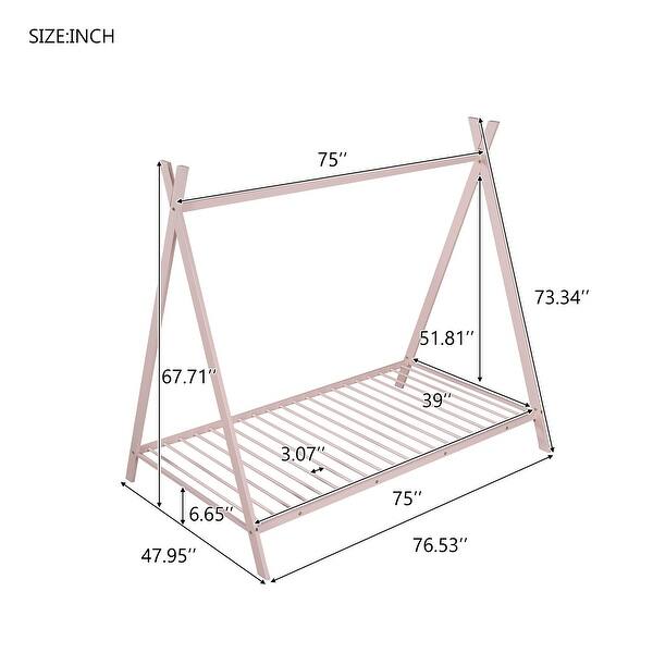 Pink Twin Size Metal House Tent Floor Play Bed with Slat for Kids, Girls and Boys
