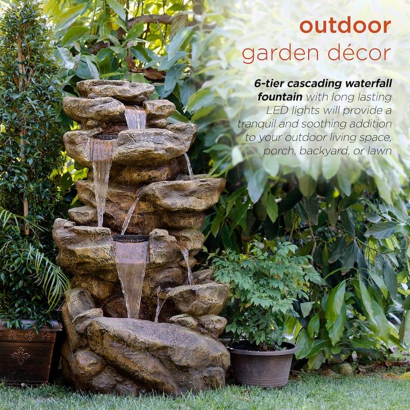 Alpine Corporation 51" Tall Outdoor 6-Tier Amazonian Rainforest Waterfall Fountain with 30 LED Lights