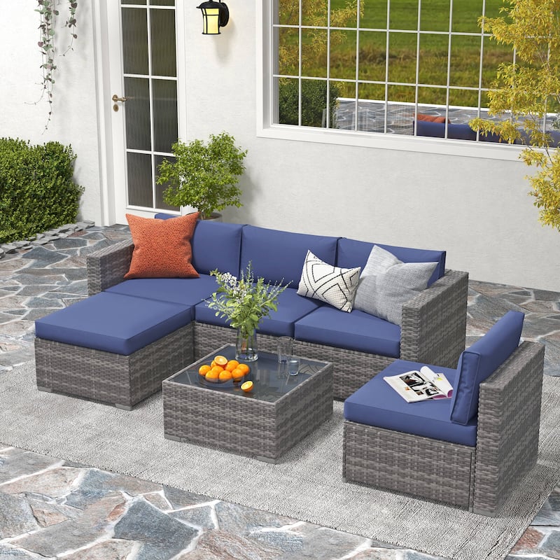 6-piece Outdoor Wicker Sectional Sofa Set - Grey/Blue