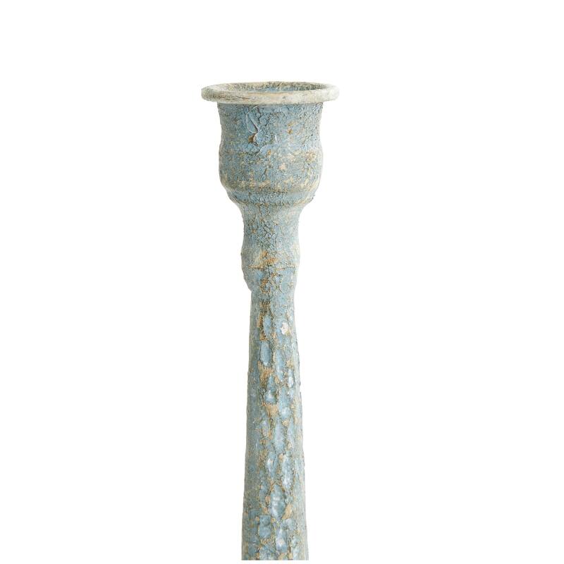 Cream or Light Blue Metal Textured Tapered Candle Holder with Brown Wood Bases (Set of 2)