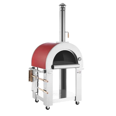Empava Freestanding Stainless Steel Outdoor Wood-fired Oven Pizza Maker Red Painted with thermometer and wheels