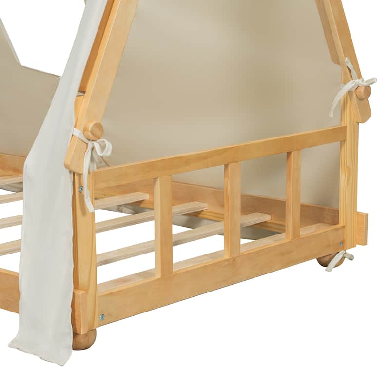 Deer Antler Accents House Bed Tent with Light and Roll-Up Curtain Skylight, Low Platform Bed with Detachable Tent and Roof