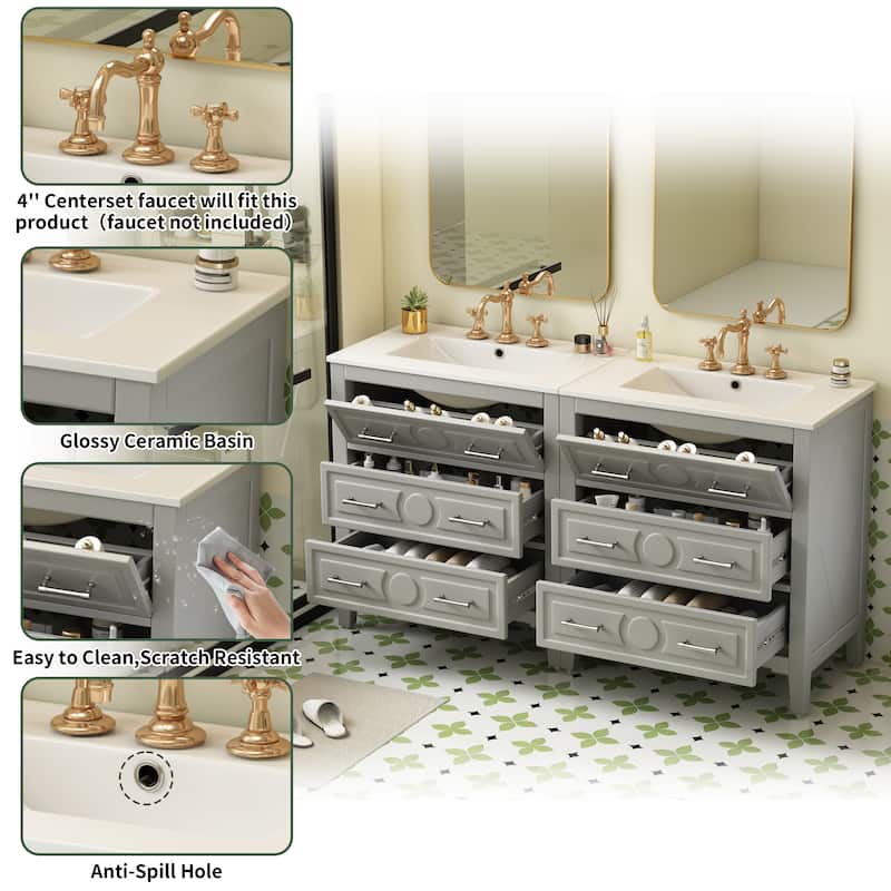 60 Inch Bathroom Vanity with Sink, Solid Wood Cabinet with Ceramic Basin, 3-Drawer Retro Style Storage
