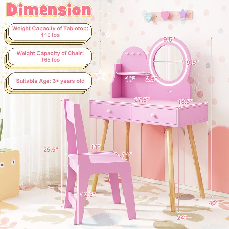 Gymax Kids Vanity Set w/ Lighted Mirror Princess Makeup Dressing Desk