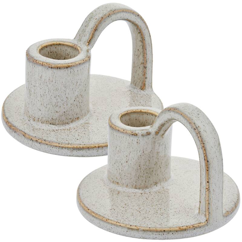 Set of Two Short Vanilla Glazed Ceramic Candlesticks for Cozy Decor - Cream