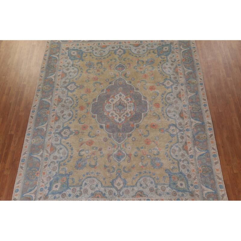 Hand Knotted Oriental 100% Wool Carpet Traditional Medallion Yellow & Gold Tabriz Area Rug - 12' 11'' X 9' 6''