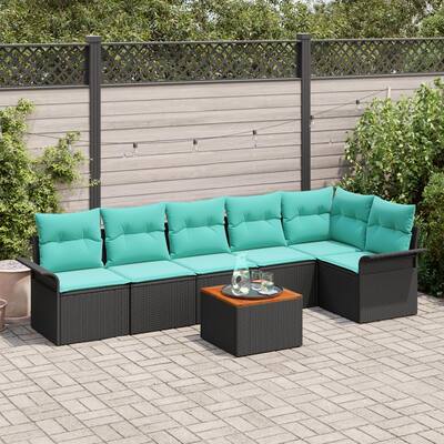 vidaXL 7 Garden Sofa Set with Cushions Black Poly Rattan - 117.1 x 52.2 x 27.2