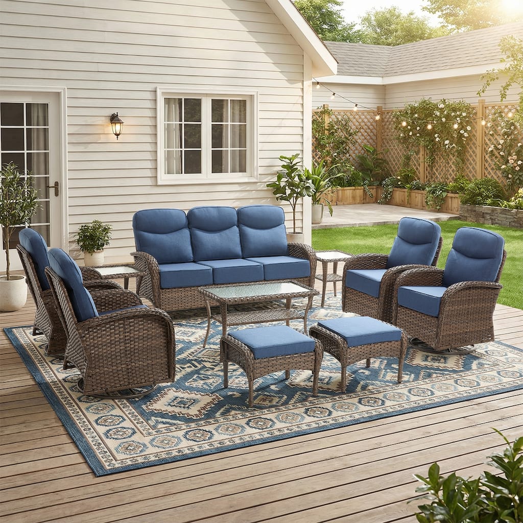 Pocassy Outdoor Sofa Swivel Chair and Ottman with Coffee Table