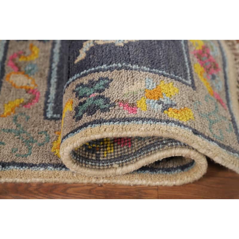 Hand Knotted Oriental 100% Wool Carpet Traditional Geometric Navy Blue & Blues Art Deco Area Rug - 3' 0'' X 2' 0''