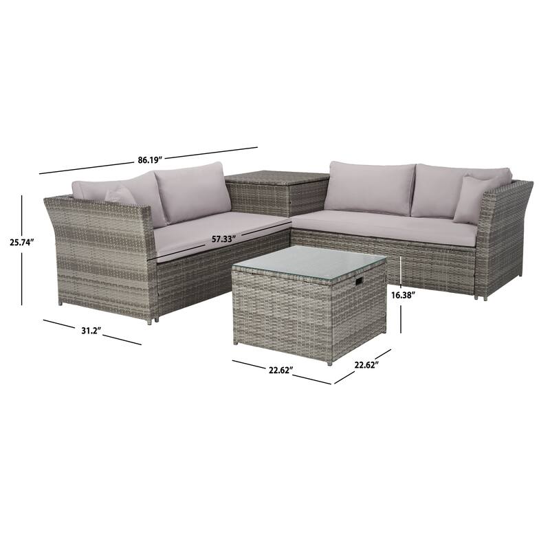SAFAVIEH Helga Outdoor 4-Piece Conversation Patio Set with Storage - 57"W x 31"D x 26"H