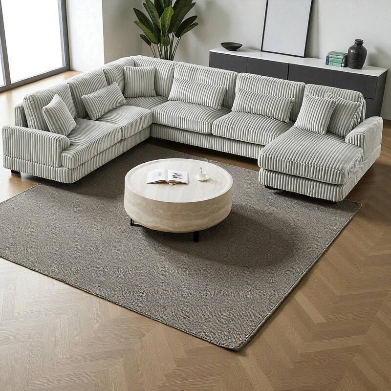 129" Oversized U-Shaped Sectional Sofa with Chaise Lounge, Soft Corduroy Upholstery and Pillows for Living Room - Grey