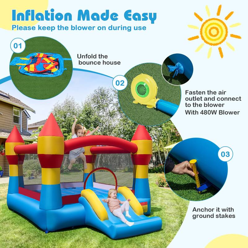 Gymax 3-in-1 Kids Bouncer w/Slide Large Jumping Area & Basketball Hoop