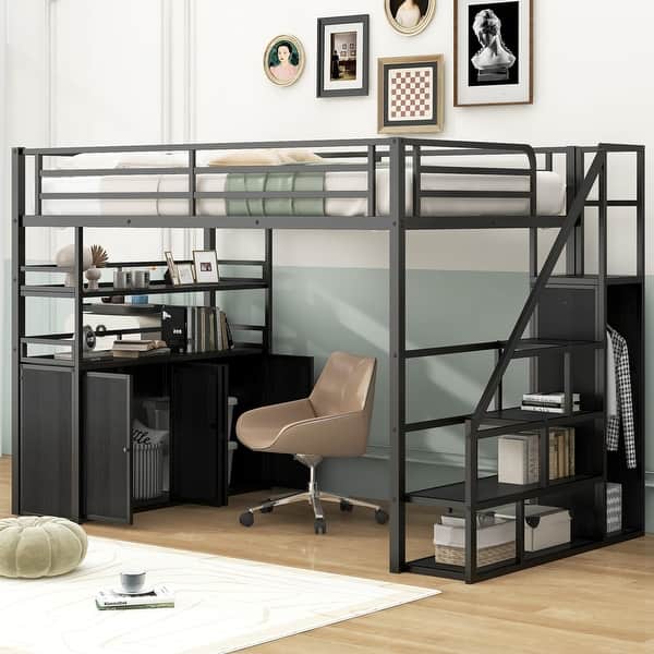 slide 2 of 30, Metal Loft Bed with Bulit-in Wardrobe and Storage Staircase, Full Size Loft Bedframe with Locker and Storage Shelves for Kids Black