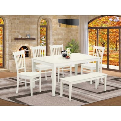 HomeStock 6-Piece Rectangle Linen White Finish Solid Wood Top Dining Table with 1 Bench, 4 Chairs with Lattice Back