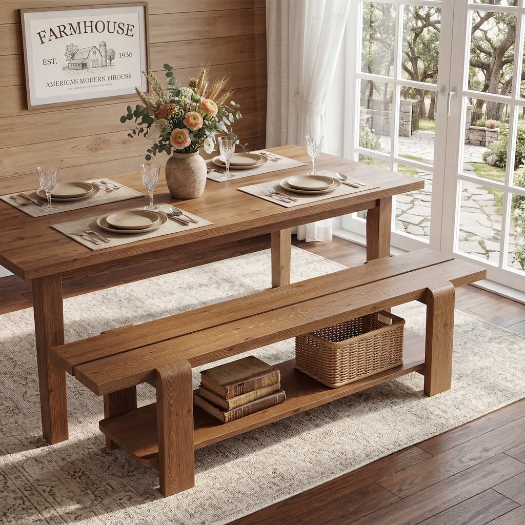 Solid Wood Dining Bench, 63" Farmhouse Entryway Bench, Kitchen Table Bench - 14.96" D x 62.99" W x 17.72" H