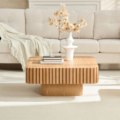Fluted Design Accent Table Small Wood Coffee Table and Sturdy Pedestal