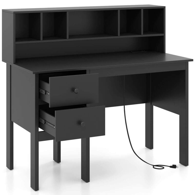 Costway 48" Computer Desk with Power Outlets Type-C 5-Cubby Hutch & 2