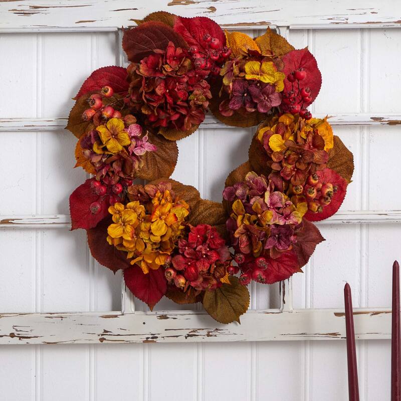 Hydrangea and Berries Artificial Fall Harvest Wreath, 24-Inch, Unlit